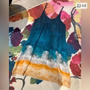 NATURAL LIFE Teal to Turquoise Ombre Maxi Dress with White Wave and Mustard Hem